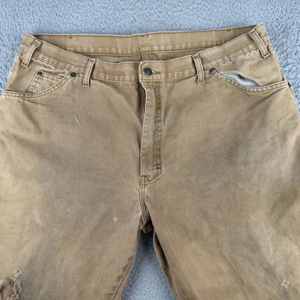 Dickies Mens Carpenter Pants Duck Brown Canvas Workwear Distressed 40x30 Relaxed